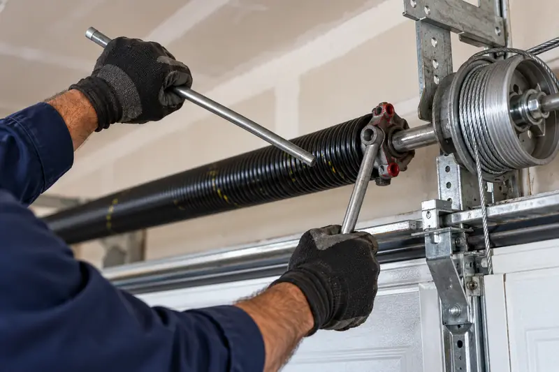 Technician in gloves winding a torsion spring with two steel winding bars, cable drum to the right